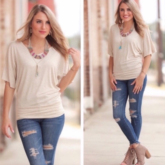 Infinity Raine Tops - Oatmeal Banded Dolman Top